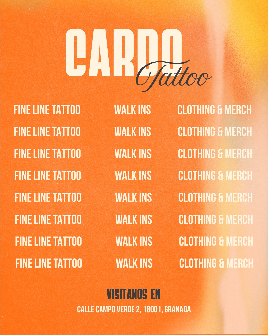 Cartel promocional de Cardo Tattoo: fine line, walk-ins y ropa en Granada